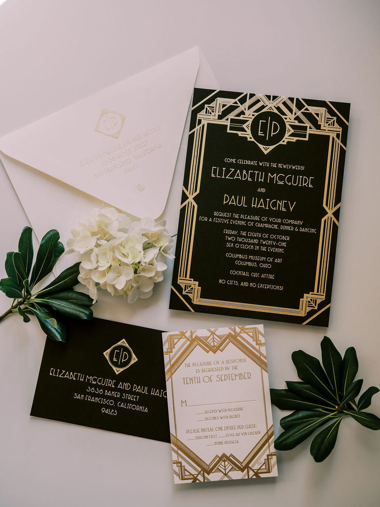 Gold Bar Accents Invitations in White